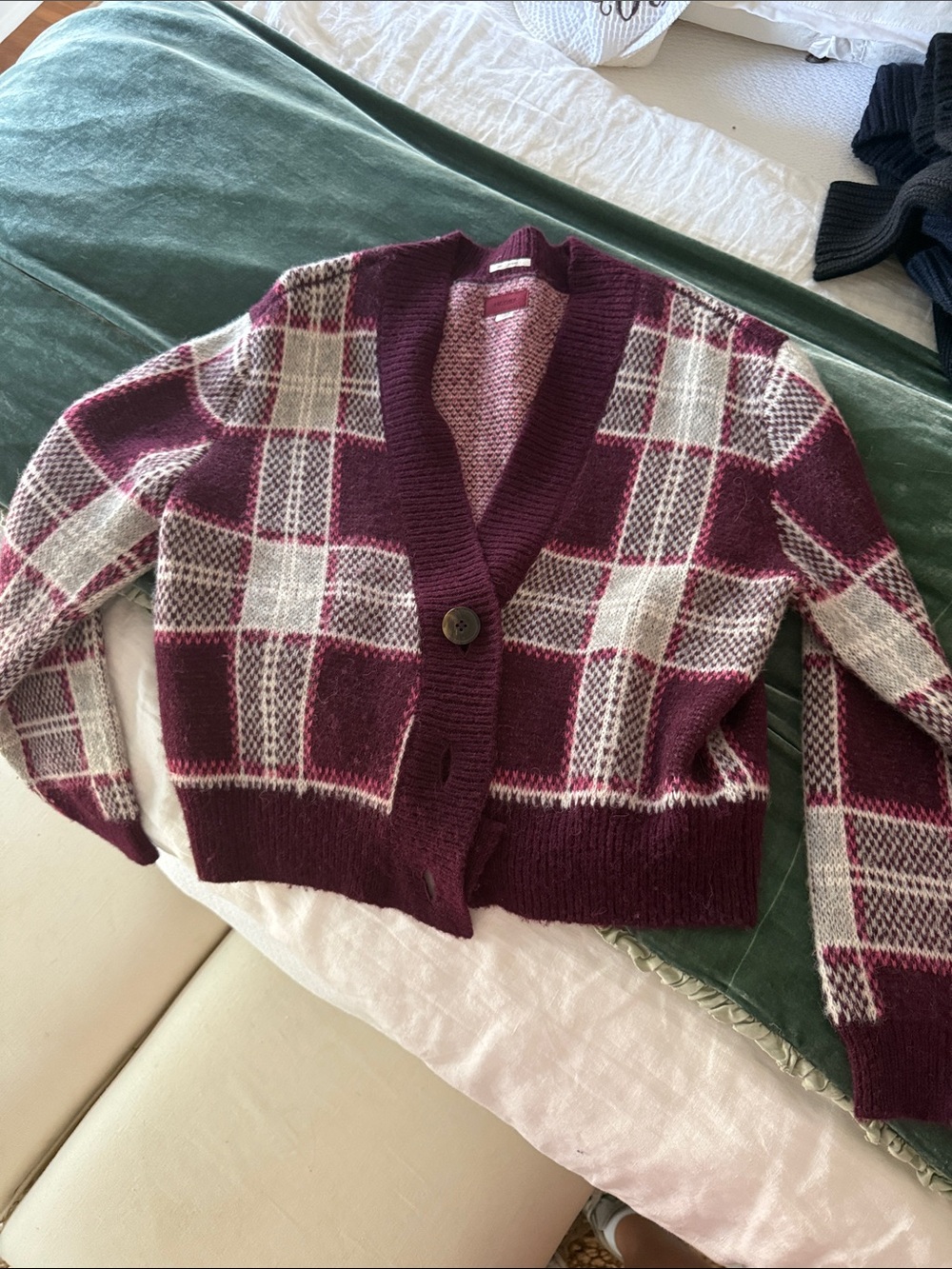 MOTHER Burgundy and Cream Plaid V-Neck Cardigan